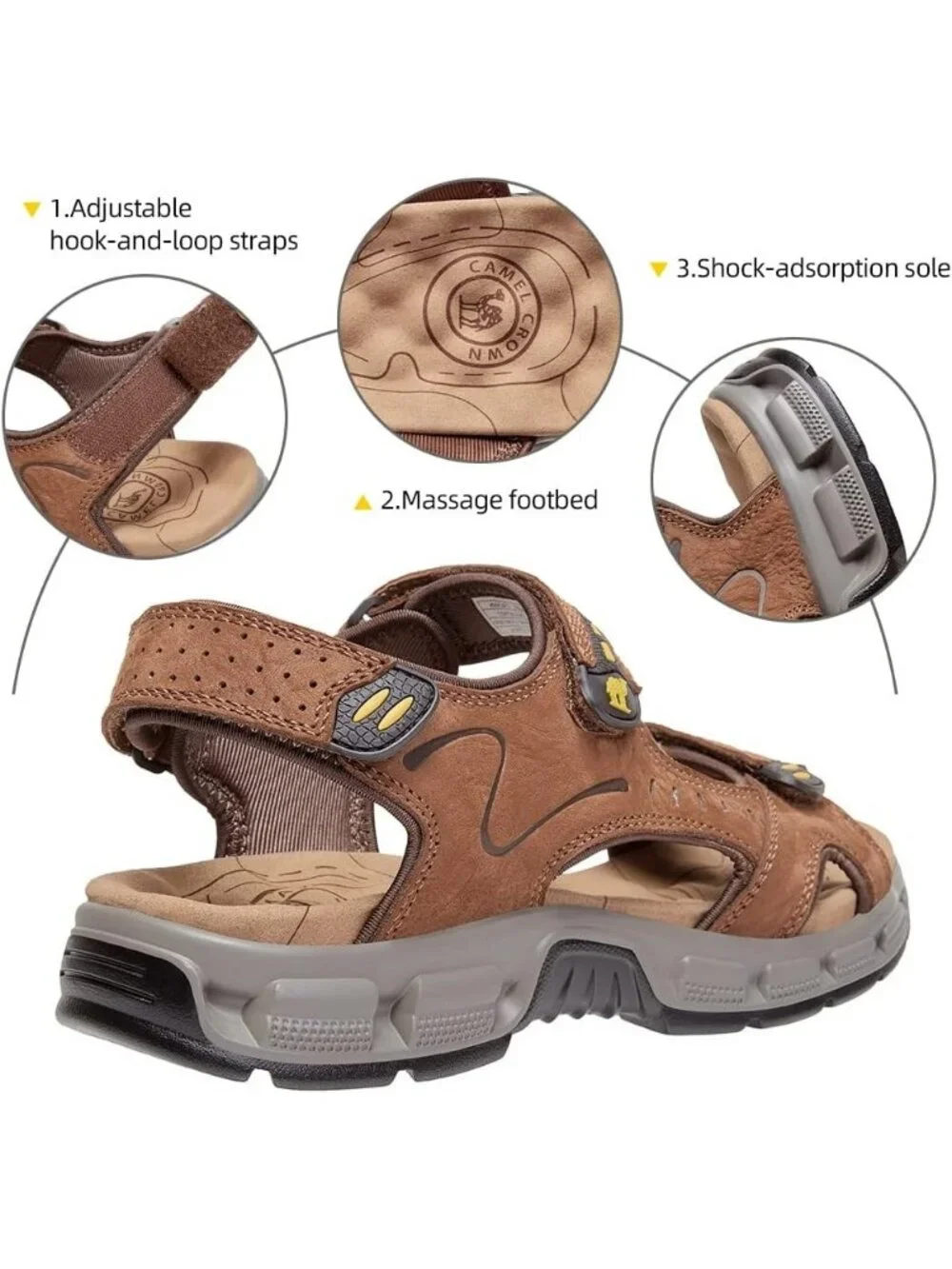 Men's Brown Athletic Outdoor Leather Solid Waterproof Rubber Hiking Sandal Shoes